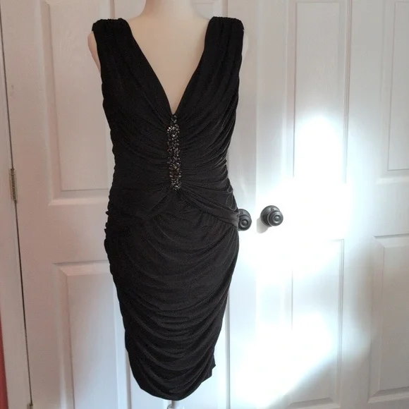 Tadashi Shoji | Dresses | Tadashi Shoji Black Ruched Embellished Jewel  Vneck Cocktail Dress | Poshmark